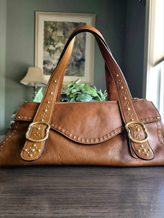 Michael Kors Handbags - Michael Kors Y2K Vintage Tan Leather Studded Satchel Bag Rare